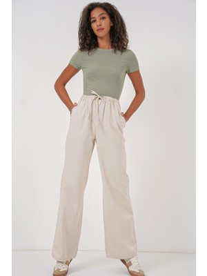 6690 Kadın Bol Paça Yüksek Bel Pantolon - Krem