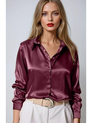 Hazelin Kadın Mürdüm Düz Desenli Hafif Dökümlü Saten Yüzeyli Gömlek Truvakar Kol