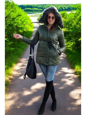 Barbora Kışlık Orta Boy Kapüşonlu Kürklü Su Geçirmez Şişme Mont co122haki