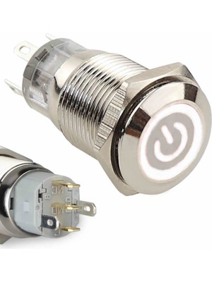 Robiz 16mm Metal Buton Beyaz Power Sembol Led Işıklı Panel Montaj Düz Kafa Kilitlemeli DC 6A 12V IP67 Su Geçirmez Düğme Başlatma Kontrol Otomasyon Araba Makina Bilgisayar