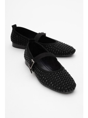 Ccway Kadın Kemerli Taşlı Küt Burunlu Babet Siyah