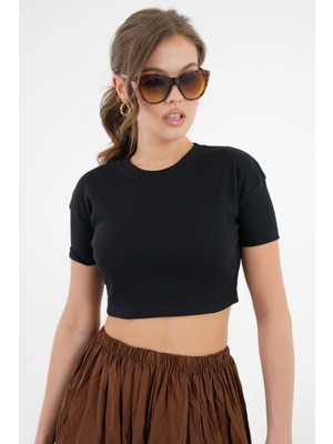 Saade Siyah Bisiklet Yaka Kısa Kol Fitilli Örme Crop Bluz