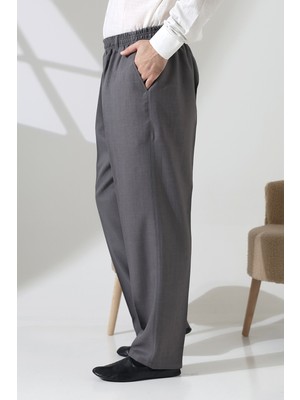 Erkek Beli Lastikli Cepli Hac Umre Kumaş Şalvar Pantolon - Açık Gri (Isr)