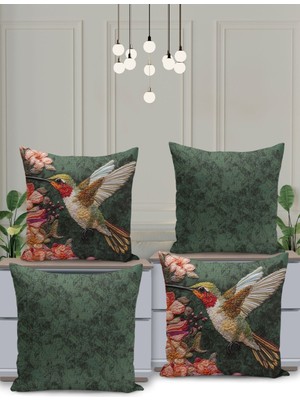 4 Lü Çift Taraflı Dijital Baskı Kırlent Kılıfı Kuşlu