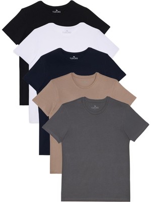 Unisex 5'li Paket Siyah-Beyaz-Lacivert-Vizon-Gri Slim Fit Dar Kesim %100 Pamuk Bisiklet Yaka Tişört