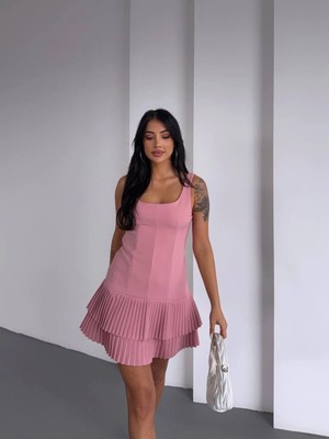 Kadın Pembe Pileli Şortlu Mini Elbise HZL25S-FRY122991