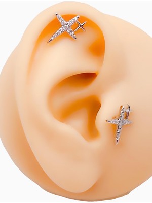 Cerrrahi Çelik Zirkon Taşlı Çift Haç Tragus Helix Piercing (1ADET)