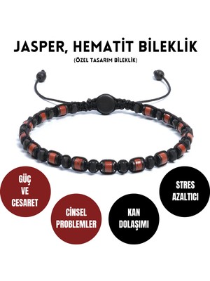 Sırlı Taş Jasper, Hematit Bileklik - Iden Black Red Bileklik - Tasarım Bileklik 4mm Ayarlanabilir