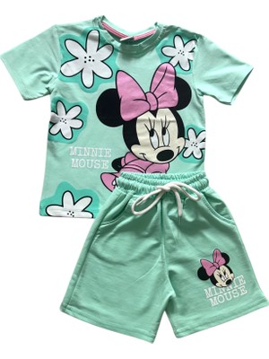 Kız Çocuk Pamuklu Yeşil Sevimli Karakter Baskılı Şortlu Takım
