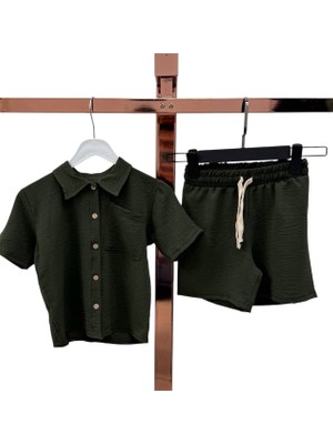 Erkek Çocuk Haki Renk Cep Detaylı Gömlek Şort Takım