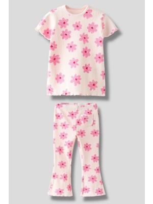 Kız Çocuk Pembe Çiçek Desenli  Fitilli Kumaş T-Shirt Tayt ( Ispanyol )  Alt Üst Takım