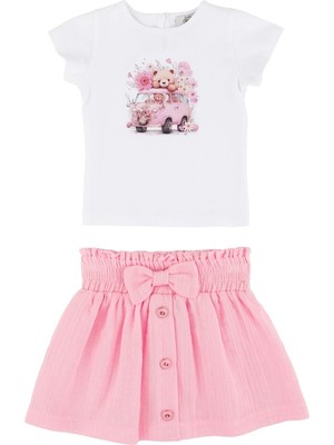 Best Kids Araba Çiçek Baskılı Body Fiyonklu Etek Takım Pembe