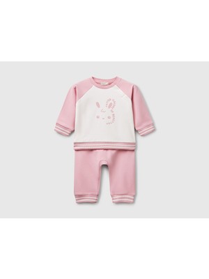 United Colors Of Benetton Bebek Pembe Baskılı Reglan Kol Üst ve Beli Büzgülü Eşofman Takım