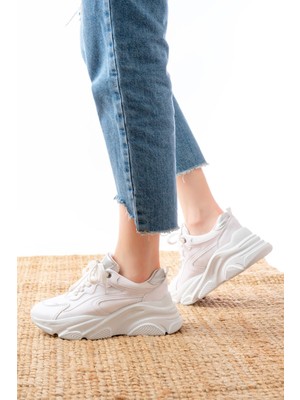 Alinn Butikk SP-149 Beyaz Gümüş Bağcıklı Fileli Günlük Spor Ayakkabı