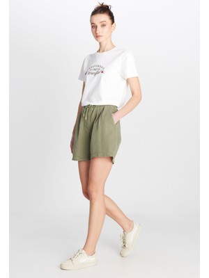 Relaxed Fit Geniş Kesim Yumuşak Dokulu Bağcıklı Haki Şort