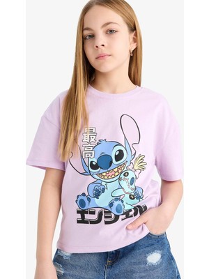 DeFacto Disney Lilo & Stitch Relax Fit Bisiklet Yaka Kısa Kollu Tişört Kız Çocuk E2611A825SM