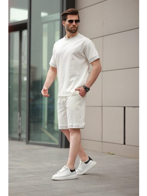 Ekru Baskılı %100 Pamuklu Erkek Şort Tişört Takım E7312