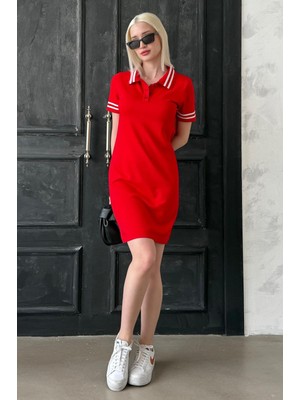 Kırmızı Polo Yaka Şerit Detaylı Kadın Elbise MG2344