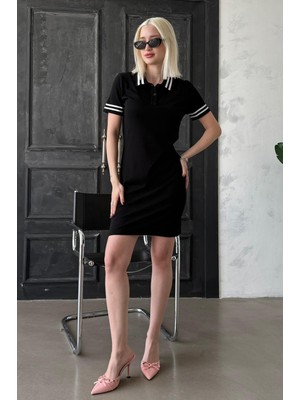 Siyah Polo Yaka Şerit Detaylı Kadın Elbise MG2344