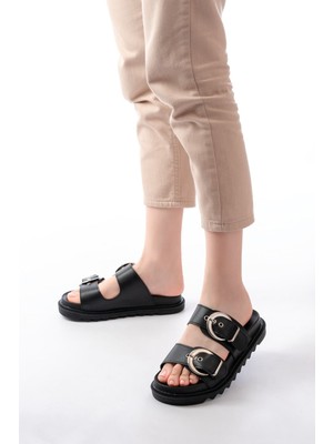 İnfon Ayakkabı Marketi DM-6010 Siyah Toka Aksesuarlı Günlük Kadın Terlik