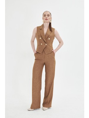 Gold Düğmeli Kısa Yelek Takım Kahve
