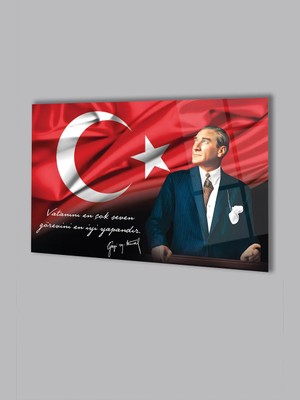 Taulart Atatürk Portre ve Türk Bayrağı Vatanını En Çok Seven Görevini En Iyi Yapandır Cam Tablo, Hediyelik