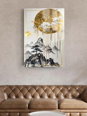 Taulart Gold Detaylarla Dolu Beyaz Dikey Oturma Odası Tablosu Ev Hediyesi Kırılmaz Lüks Modern Cam Tablo