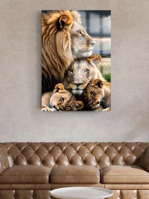 Taulart Iki Çocuklu Dört Kişilik Aslan Ailesi Tablosu Ev Hediyesi Kırılmaz Lüks Modern Cam Tablo