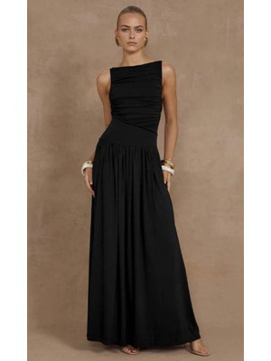 Siyah Önü Dökümlü Uzun Boy Kadın Elbise MG2364