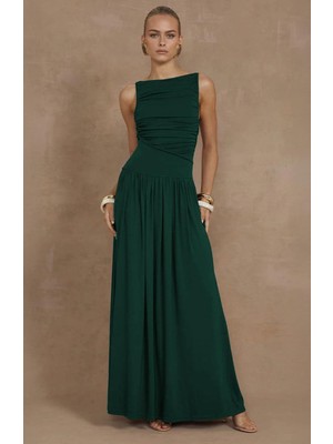 Yeşil Önü Dökümlü Uzun Boy Kadın Elbise MG2364