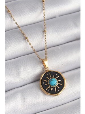316L Çelik Gold Renk Mavi Boncuk Güneş Işleme Madalyon Model Kadın Kolye - TJ-BKO9524 Pop