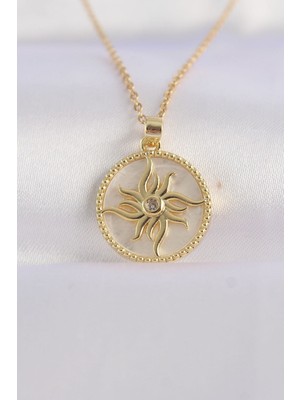 316L Çelik Zincir Altın Renk Zirkon Taşlı Oval Tasarım Güneş Kolye - TJ-BKO8653 Pop