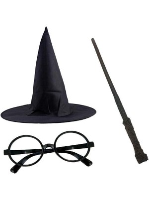 Harry Potter Siyah Şapkası Harry Potter Gözlüğü Harry Potter Asası 3 Lü Set Pop
