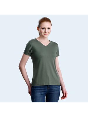 Slazenger PERICAS Kadın V Yaka Haki Tişört