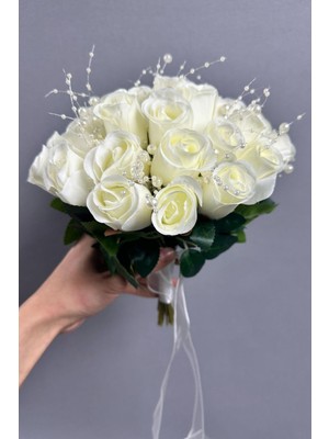 Güllü Yoğun Incili Gelin Buketi ve Damat Yaka Çiçeği