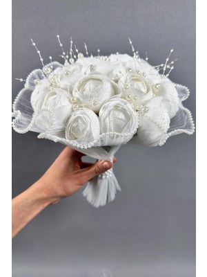 Kayısı Güllü Incili Tüllü Gelin Çiçeği Buketi