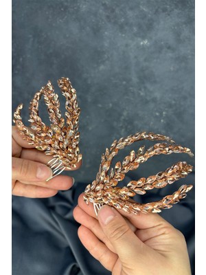 Rose Rengi Çift Taraflı Tarak Büge Gelin Saç Aksesuarı