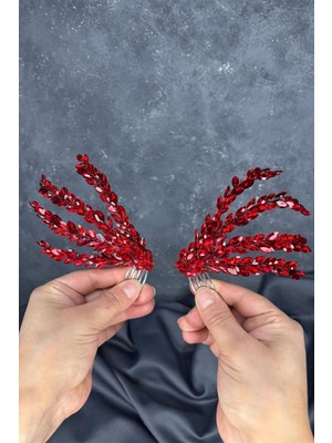 Kırmızı Çift Taraflı Tarak Büge Gelin Saç Aksesuarı