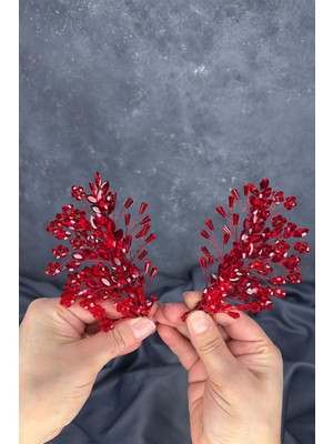 Kırmızı Selis Çift Taraflı Gelin Kına Tacı Saç Aksesuarı