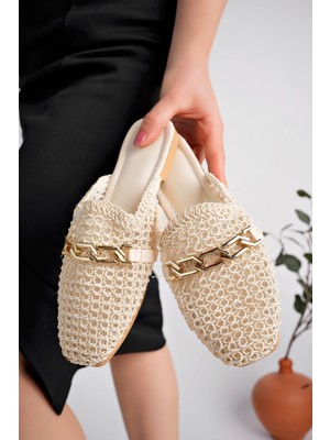 Stwenn Kadın Önü Kapalı Taşlı Terlik Hasır Dantel Örme Günlük Kullanım İçin Şık Sandalet