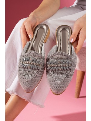 Kadın Taşlı Terlik  Önü Kapalı Hasır Dantel Örme Çeyiz Günlük Sandalet