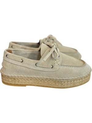 Tufan Shoes Bej  Süet Hasır Taban Bağlı Loafer