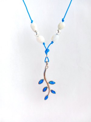 925 Ayar Gümüş  Mavi Opal Doğal Taşlı Naturel Yaprak Tasarım  Kadın Uzun Kolye Doğum Günü Hediye