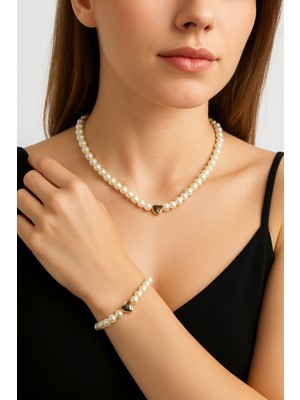 Lüks Inci Aşkı Kalpli Beyaz Inci Kolye & Bileklik Seti