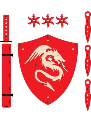 Ahtek Ahşap Oyuncak Samuray Seti 4 Lü, Kalkan +Katana Kılıcı + Ninja Yıldızı Kohga + Fırlatma Bıçağı Kunai Kırmızı