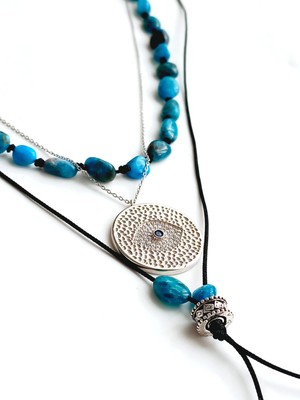 925 Gümüş Zirkon Taşlı Apatit Doğal Taşlı Göz Madalyon Tasarım Uzun Kadın Kolye