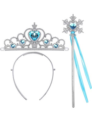 Karlar Ülkesi Elsa Mavi Kalp Tacı ve Kar Temalı Asa Seti (4887)