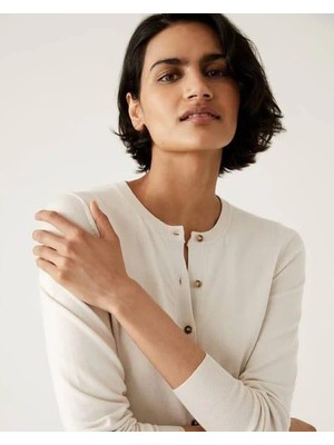 Kadın Yuvarlak Yaka Düğmeli  Üst Kalite Slim Fit Kısa Hırka