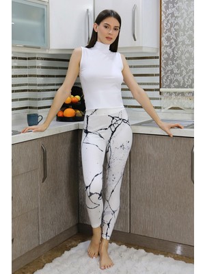 Akbeniz Kadın Micro Desenli Beyaz Tayt %90 Pamuk %10 Likra Şık ve Rahat Tasarım