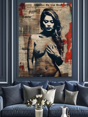 Gazete Fon Nü Kadın Dekoratif Kanvas - Mdf Ahşap Tablo